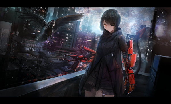 Anime picture 2300x1400 with original sumi elias kasagarasu single looking at viewer fringe highres short hair black hair red eyes wide image cloud (clouds) night city letterboxed cityscape city lights mechanical arms animal eyes cat eyes