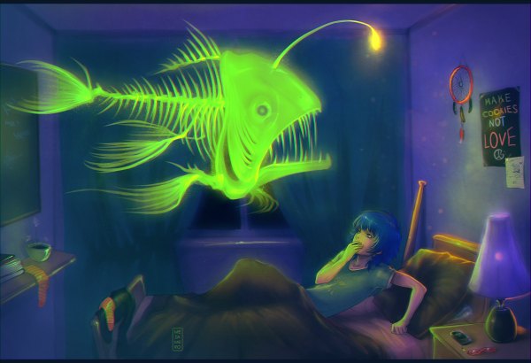 イラスト 1200x820 と オリジナル kaori (mezamero) mezamero glowing weightlessness skeleton 男性 まくら ベッド カーテン Tシャツ 魚 ランプ 部屋