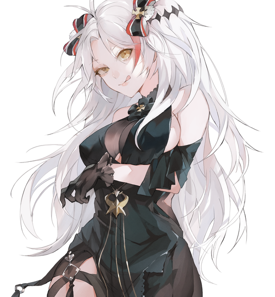 Anime picture 2500x2700 with azur lane prinz eugen (azur lane) prinz eugen (cordial cornflower) (azur lane) kamui (kurohshiro1) single long hair tall image looking at viewer highres breasts light erotic simple background large breasts white background yellow eyes upper body ahoge white hair multicolored hair two-tone hair