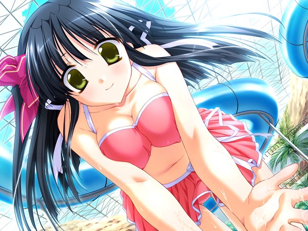 Anime picture 1200x900 with aster (game) light erotic black hair green eyes game cg girl swimsuit