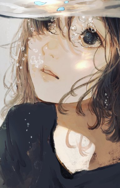 Anime picture 1379x2155 with original orie h single long hair tall image fringe brown hair parted lips black eyes hair over one eye looking up face underwater girl petals bubble (bubbles)