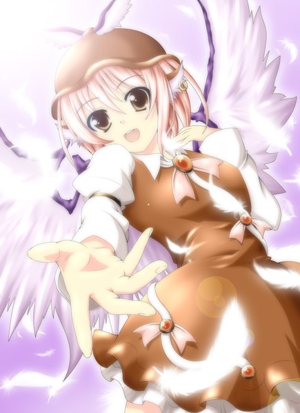Anime picture 2544x3504 with touhou mystia lorelei meitou muku (artist) single tall image highres short hair open mouth brown eyes animal ears pink hair absurdres girl hat wings feather (feathers)