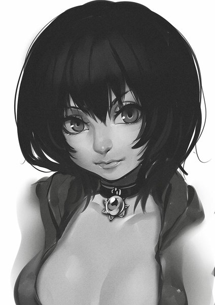 Anime picture 636x900 with original raijuu (bakanara) single tall image looking at viewer fringe short hair light erotic black hair simple background white background lips grey eyes monochrome girl choker