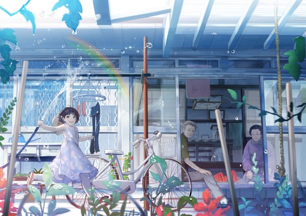 Anime picture 2000x1415 with original sime (echo) highres short hair purple hair japanese clothes old man old woman girl plant (plants) hat water sundress water drop ground vehicle straw hat rainbow sliding doors bicycle hose