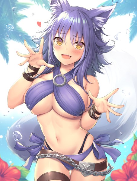 Anime picture 900x1188 with princess connect! re:dive princess connect! makoto (princess connect!) tiphereth single long hair tall image looking at viewer blush fringe breasts open mouth light erotic smile hair between eyes large breasts standing bare shoulders animal ears yellow eyes