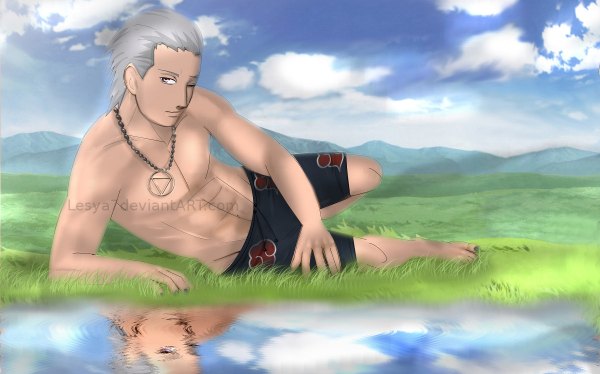 Anime picture 1200x748 with naruto studio pierrot naruto (series) hidan single looking at viewer short hair wide image purple eyes silver hair cloud (clouds) inscription reflection akatsuki boy shorts pendant