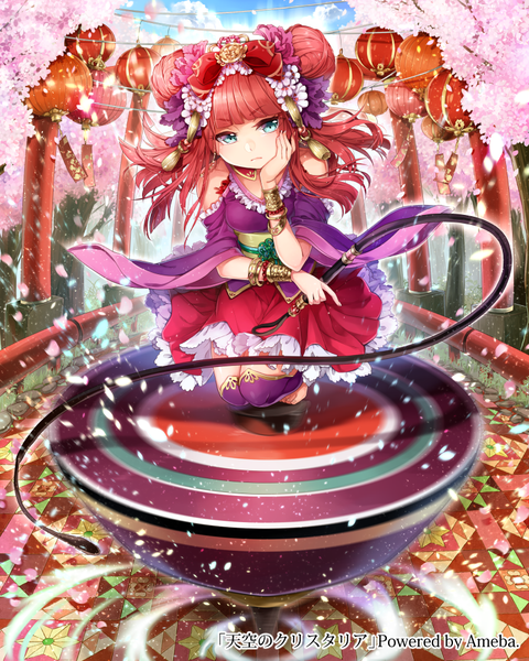 Anime picture 800x1000 with original yukinokoe single long hair tall image blue eyes red hair cherry blossoms girl dress hair ornament plant (plants) petals tree (trees) bracelet whip