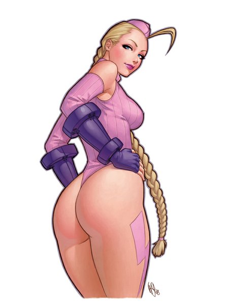 Anime picture 618x800 with street fighter capcom cammy white warrenlouw single long hair tall image breasts blue eyes light erotic simple background blonde hair white background signed ahoge ass braid (braids) looking back lips from behind