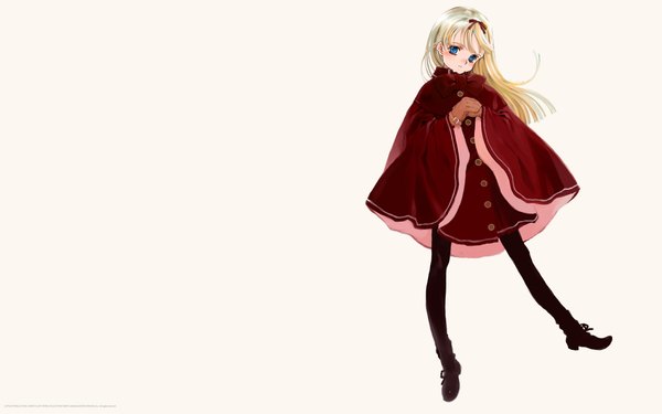 Anime picture 1920x1200 with shirotsume souwa littlewitch ema (shirotsume souwa) oyari ashito single long hair looking at viewer highres blue eyes blonde hair wide image white background full body girl pantyhose shoes black pantyhose cape