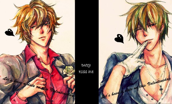 Anime picture 1600x967 with nekomadao looking at viewer short hair blue eyes blonde hair wide image one eye closed wink open clothes multiple boys open shirt finger to mouth multiview naked shirt boy gloves shirt heart rose (roses) 2 boys