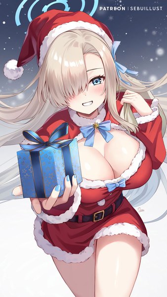 Anime picture 700x1244 with blue archive asuna (blue archive) sebu illust single long hair tall image looking at viewer blush fringe breasts blue eyes light erotic blonde hair smile large breasts cleavage nail polish hair over one eye grin christmas