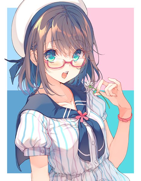 Anime picture 699x900 with original reia single tall image looking at viewer blush fringe short hair open mouth simple background hair between eyes holding upper body aqua eyes fingernails puffy sleeves border striped outside border sailor collar