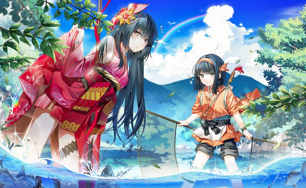 Anime-Bild 1750x1080 mit gourmet kizuna tasty saga dr poapo long hair looking at viewer fringe highres short hair black hair hair between eyes wide image bare shoulders multiple girls holding brown eyes sky cloud (clouds) blunt bangs traditional clothes japanese clothes