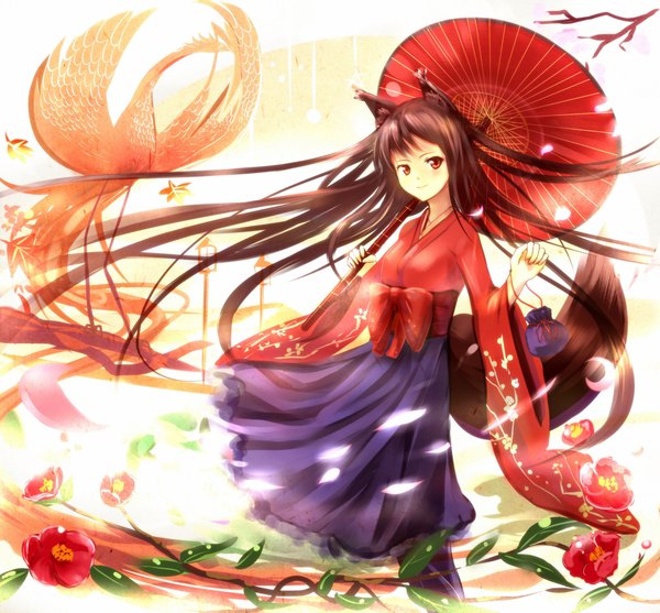 Anime picture 2000x1857 with original sakura ani long hair blush highres black hair red eyes animal ears traditional clothes animal tail girl flower (flowers) bow animal petals bird (birds) umbrella