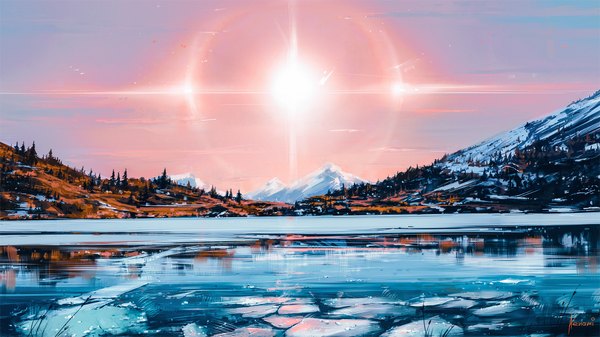 Anime picture 1920x1080 with original aenami highres wide image signed sky sunlight reflection winter snow mountain no people landscape nature lake water sun ice