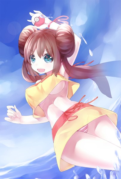 Anime picture 900x1329 with pokemon pokemon black and white nintendo rosa (pokemon) ririko (zhuoyandesailaer) single long hair tall image looking at viewer breasts open mouth blue eyes light erotic brown hair large breasts twintails sky hair bun (hair buns) arm behind head girl