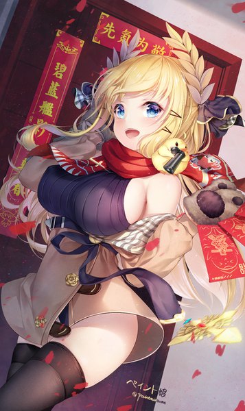 Anime picture 804x1350 with azur lane manjuu (azur lane) victorious (azur lane) victorious (goddess' day off) (azur lane) paint musume single long hair tall image looking at viewer blush fringe breasts open mouth blue eyes light erotic blonde hair large breasts signed dutch angle twitter username