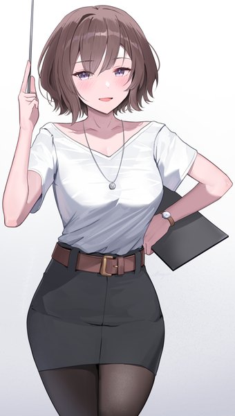 Anime picture 832x1469 with idolmaster gakuen idolmaster neo asari shogun (a96040021) single tall image looking at viewer fringe short hair open mouth simple background hair between eyes brown hair white background purple eyes :d arm up hand on hip girl skirt