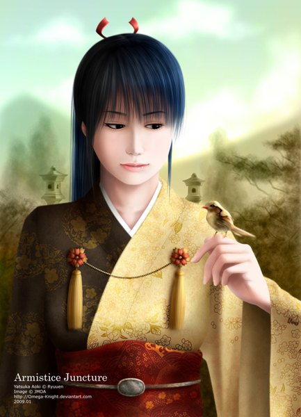 Anime picture 1024x1418 with original omega-knight long hair tall image blue hair sky cloud (clouds) lips black eyes realistic inscription chinese clothes girl plant (plants) animal tree (trees) belt bird (birds) chinese dress