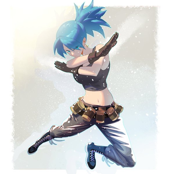 Anime picture 1130x1165 with the king of fighters the king of fighters xiii snk leona heidern cofffee single long hair tall image looking at viewer fringe blue eyes blue hair full body ponytail hair over one eye midriff border crossed arms lacing girl