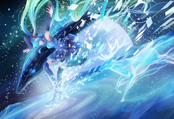 Anime picture 3399x2333 with vocaloid hatsune miku mr. j.w mr.j.w single fringe highres smile twintails absurdres eyes closed very long hair profile wind aqua hair spread arms girl skirt detached sleeves animal