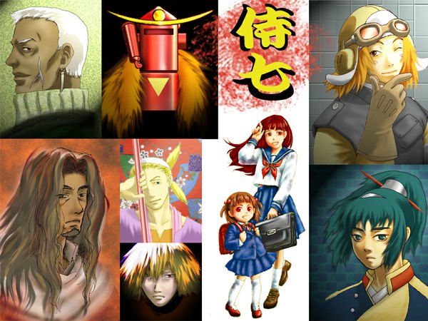 Anime picture 1024x768 with samurai 7 gonzo kambei shimada kyuzo katsushiro okamoto kirara shichiroji kikuchiyo gorobei katayama heihachi hayashida komachi long hair blonde hair red eyes white hair ponytail one eye closed looking back aqua eyes wink