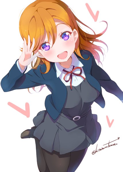 Anime picture 715x1000 with hello!!! love live! sunrise (studio) love live! shibuya kanon kitahara tomoe (kitahara koubou) single long hair tall image looking at viewer blush fringe open mouth simple background hair between eyes white background purple eyes signed :d arm up from above