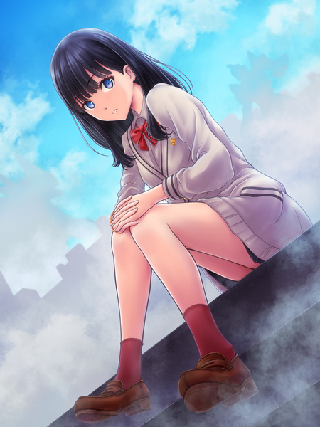 Anime picture 1440x1920 with gridman universe ssss.gridman studio trigger takarada rikka i-mixs single long hair tall image looking at viewer fringe blue eyes light erotic black hair sitting payot sky cloud (clouds) full body bent knee (knees) blunt bangs