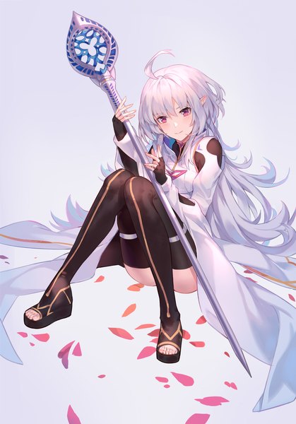 Anime picture 1128x1615 with fate (series) fate/grand order fate/prototype merlin (fate/prototype) jolker single long hair tall image looking at viewer fringe simple background smile hair between eyes sitting silver hair full body ahoge head tilt pink eyes pointy ears