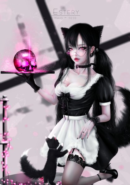 Anime picture 2123x3031 with original estery07 single long hair tall image looking at viewer fringe highres black hair hair between eyes twintails holding signed animal ears payot cleavage tail nail polish animal tail pink eyes