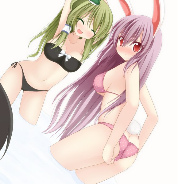 Anime picture 1920x1985 with touhou kochiya sanae reisen udongein inaba chimunge long hair tall image blush highres open mouth light erotic simple background red eyes white background multiple girls purple hair eyes closed green hair bunny ears underwear only bunny girl