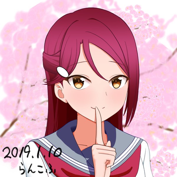 Anime picture 800x800 with love live! sunshine!! sunrise (studio) love live! sakurauchi riko rankov single long hair looking at viewer blush fringe simple background hair between eyes signed yellow eyes upper body red hair light smile cherry blossoms finger to mouth dated