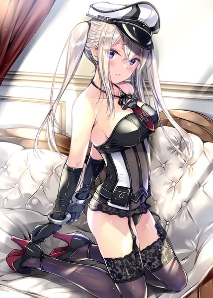 Anime picture 1110x1553 with kantai collection graf zeppelin (kantai collection) kobayashi chisato single long hair tall image looking at viewer blush fringe blue eyes light erotic hair between eyes twintails payot silver hair head tilt sunlight high heels embarrassed kneeling