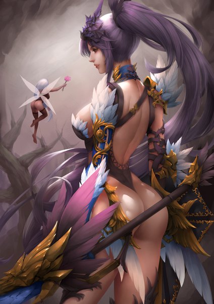 Anime picture 2480x3508 with original z:d long hair tall image fringe highres breasts light erotic standing multiple girls holding brown eyes payot looking away silver hair purple hair ass ponytail very long hair profile