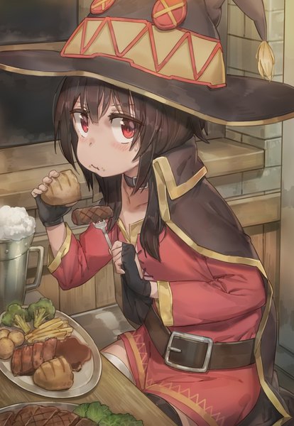 Anime picture 1548x2244 with kono subarashii sekai ni shukufuku wo! studio deen megumin free style (yohan1754) single tall image looking at viewer blush fringe short hair red eyes brown hair sitting holding indoors long sleeves eating food in mouth food on face girl