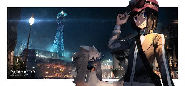 Anime picture 1280x602 with pokemon pokemon xy nintendo calme (pokemon) furfrou lownine (amuza) single looking at viewer short hair blue eyes smile brown hair wide image city border cityscape sunglasses on head outside border photo background gen 6 pokemon