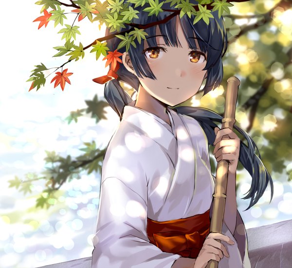 Anime picture 1100x1010 with original tan (tangent) single long hair looking at viewer blush fringe black hair holding yellow eyes ponytail blunt bangs long sleeves traditional clothes japanese clothes blurry wide sleeves depth of field lens flare miko