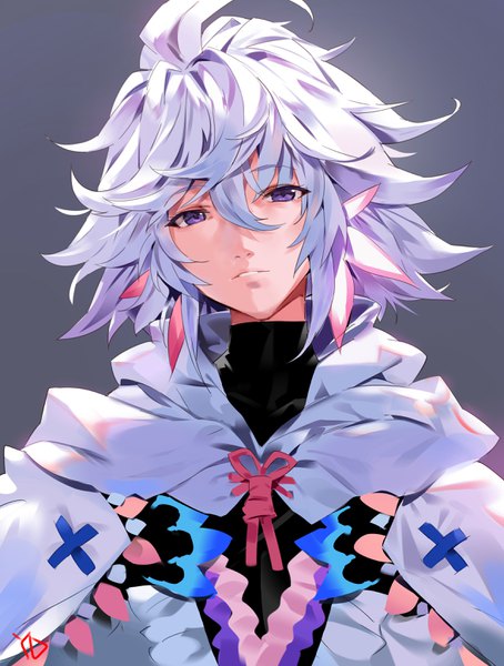 Anime picture 2352x3108 with fate (series) fate/grand order merlin (fate) yd (orange maru) single tall image looking at viewer fringe highres short hair simple background hair between eyes purple eyes signed silver hair upper body grey background portrait boy