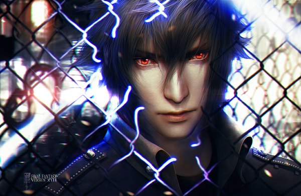 Anime picture 1080x704 with final fantasy final fantasy xiii square enix noctis lucis caelum valentina remenar single short hair red eyes brown hair realistic inscription face boy fence