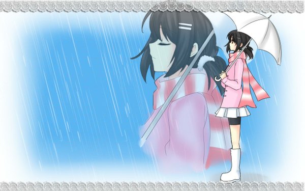 Anime picture 1280x800 with utau utaune nami single short hair black hair wide image eyes closed rain zoom layer girl skirt scarf umbrella