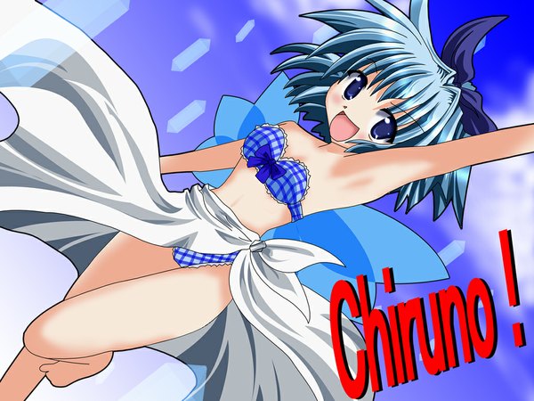 Anime picture 1024x768 with touhou cirno blue eyes blue hair armpit (armpits) girl ribbon (ribbons) swimsuit bikini wings plaid bikini