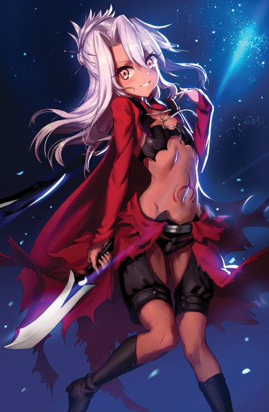 Anime picture 800x1227 with fate (series) fate/kaleid liner prisma illya kuro (fate/kaleid liner) athenawyrm single long hair tall image looking at viewer fringe light erotic smile hair between eyes brown eyes silver hair bent knee (knees) tattoo dark skin ass visible through thighs girl weapon