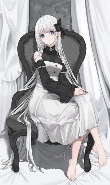 Anime picture 2632x4411 with original tooku0 single tall image looking at viewer fringe highres blue eyes sitting silver hair full body indoors blunt bangs long sleeves very long hair barefoot crossed legs girl dress bow