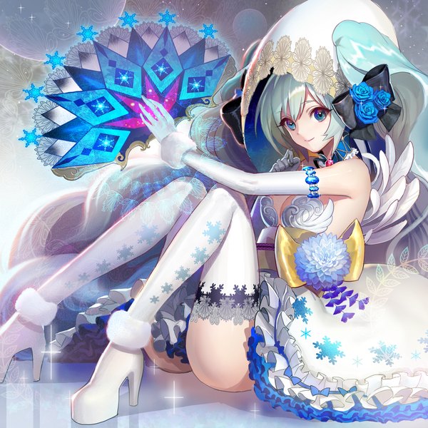 Anime picture 2000x2000 with original teffish single long hair looking at viewer highres blue eyes light erotic sitting ass light smile aqua hair sparkle high heels fur trim snowflake print girl thighhighs gloves flower (flowers)