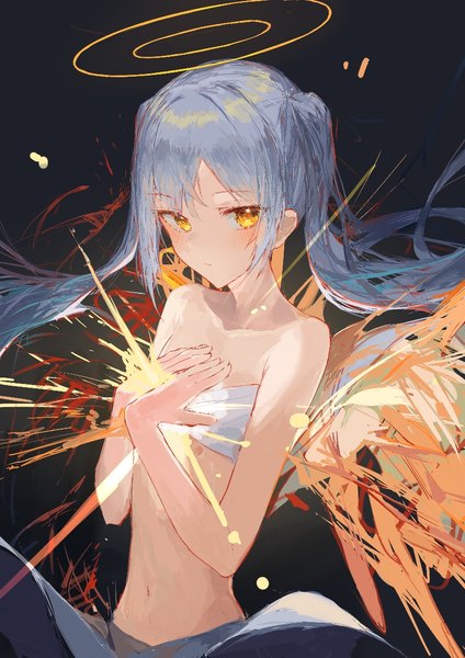 Anime picture 826x1169 with original ichika (ichika87) single tall image looking at viewer fringe light erotic hair between eyes twintails yellow eyes payot silver hair upper body hand on chest black background girl halo crop top