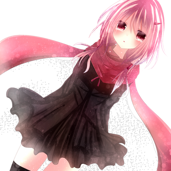 Anime picture 1200x1200 with guilty crown production i.g yuzuriha inori tagme (artist) single long hair blush fringe red eyes white background twintails pink hair tears crying girl thighhighs dress hair ornament hairclip scarf