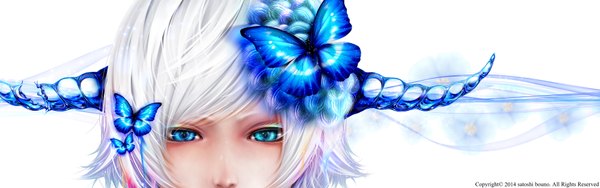 Anime picture 3507x1100 with original bouno satoshi looking at viewer highres short hair blue eyes wide image white background white hair hair flower horn (horns) girl hair ornament flower (flowers) insect butterfly butterfly hair ornament