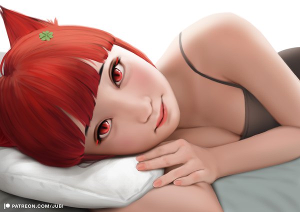 Anime picture 3508x2480 with original milk (jubi) jubi (regiana) single fringe highres short hair breasts smile red eyes signed animal ears absurdres cleavage red hair lying blunt bangs nail polish cat ears realistic