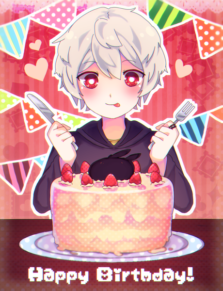 Anime picture 800x1043 with world trigger toei animation kuga yuuma rut single tall image blush fringe short hair hair between eyes red eyes holding upper body white hair inscription looking down :p happy birthday striped background boy