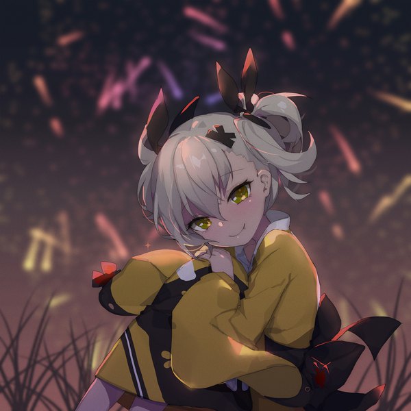 Anime picture 1700x1700 with girls frontline klin (girls frontline) acidear single looking at viewer blush fringe short hair smile hair between eyes sitting twintails yellow eyes outdoors traditional clothes head tilt japanese clothes grey hair night night sky